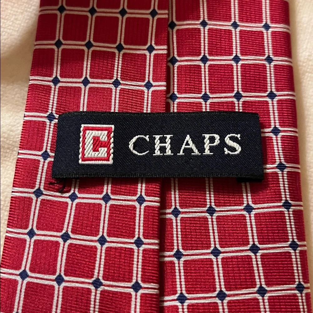 Chaps boy’s CLIP ON silk tie red navy white windowpane handmade worn 1X EUC